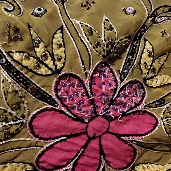 Boho maxi wrap skirt beaded and embroidered silk yellow and pink - Picture 4 of 10